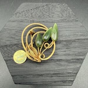 Vintage Genuine Jade Leaf Brooch Gold Tone Filigree Floral Pin MCM Brooch